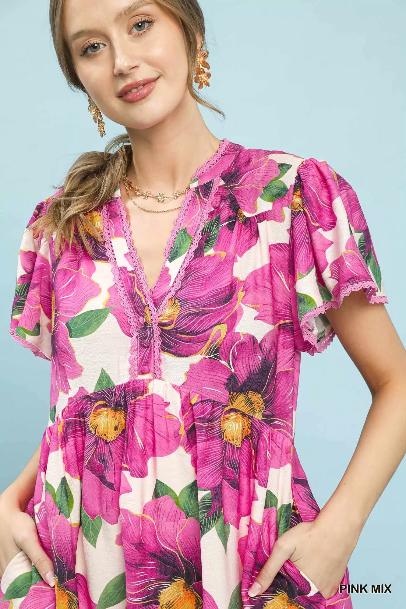 Umgee Tropical Floral V-Neck Flutter Sleeve Tiered Midi Dress b8f4bda2-a75c-43a0-ac32-7aff51871507-Max-Origin