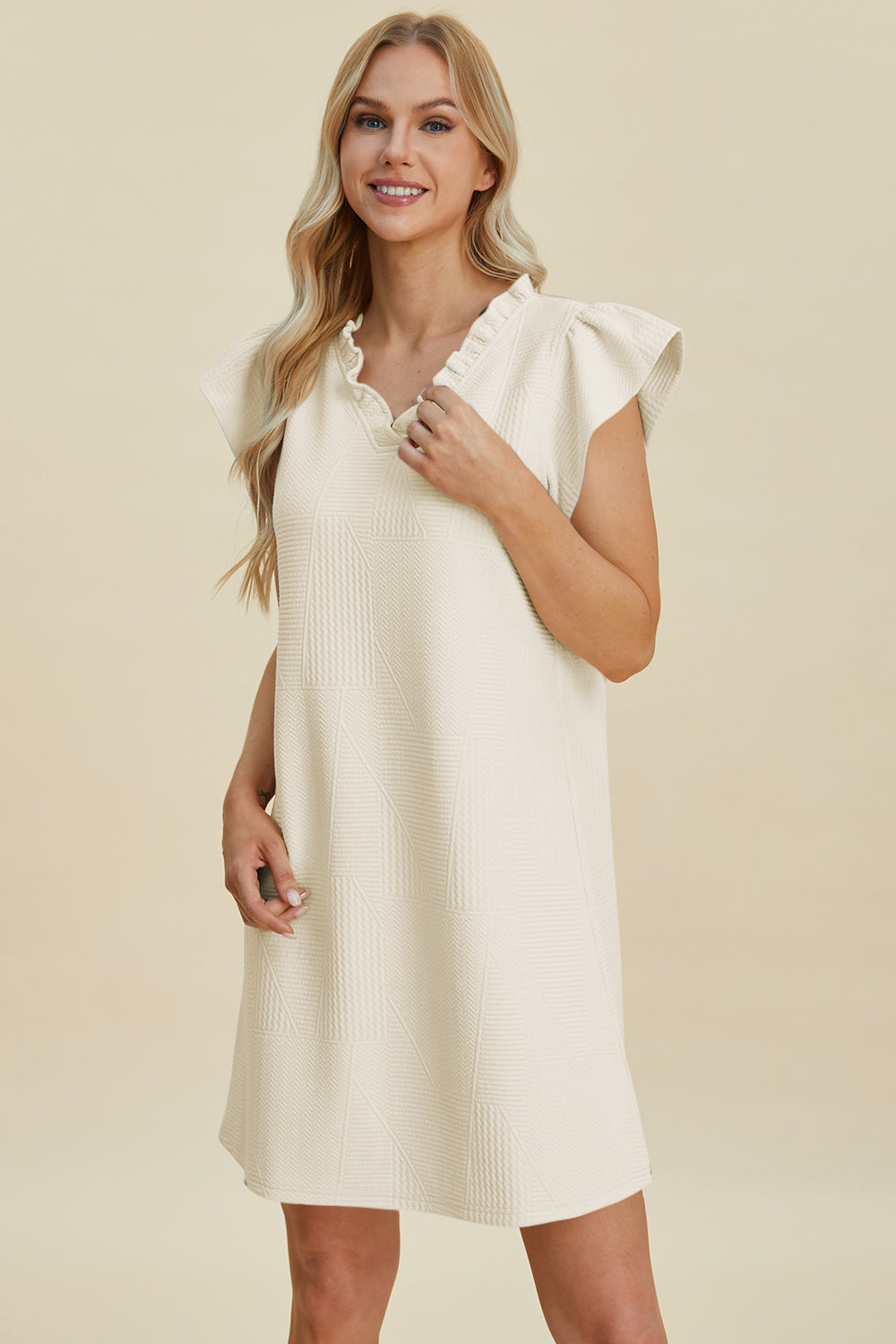 Double Take Full Size Ruffled V-Neck Cap Sleeve Dress Double Take Full Size Ruffled V-Neck Cap Sleeve Dress