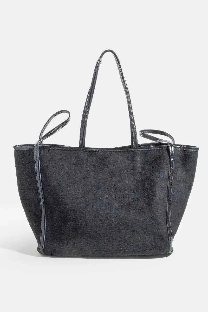 Fame Suede Tote Faux Leather Trim Shoulder Strap Fame Suede Tote Faux Leather Trim Shoulder Strap