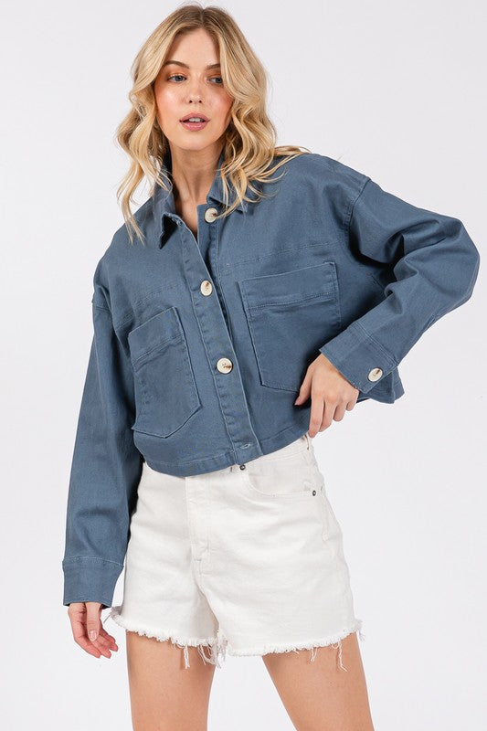 bytos Button Down Cropped Denim Jacket with Patch Pockets bytos Button Down Cropped Denim Jacket with Patch Pockets