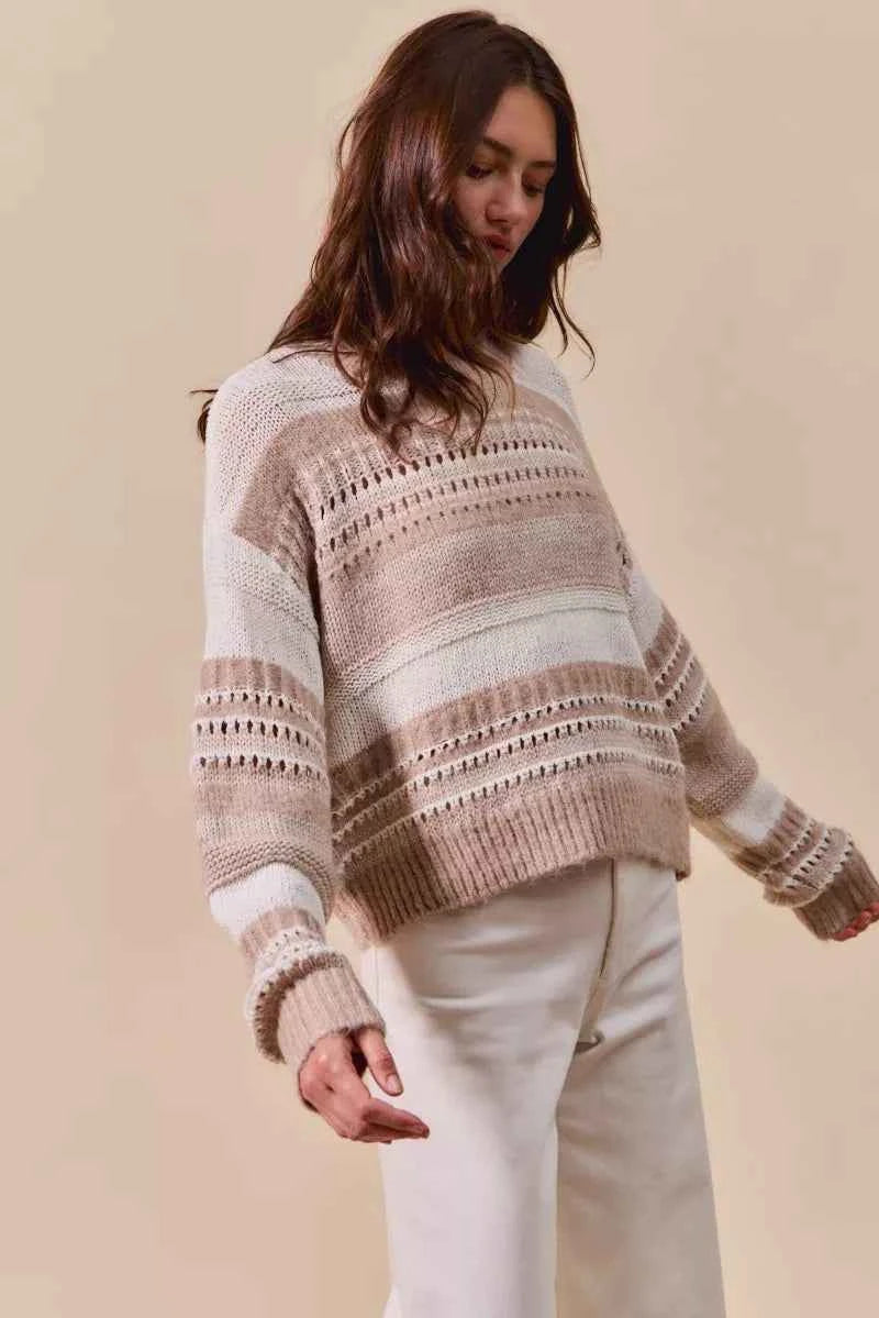 SO ME Variegated Stripe Textured Loose Fit Sweater SO ME Variegated Stripe Textured Loose Fit Sweater