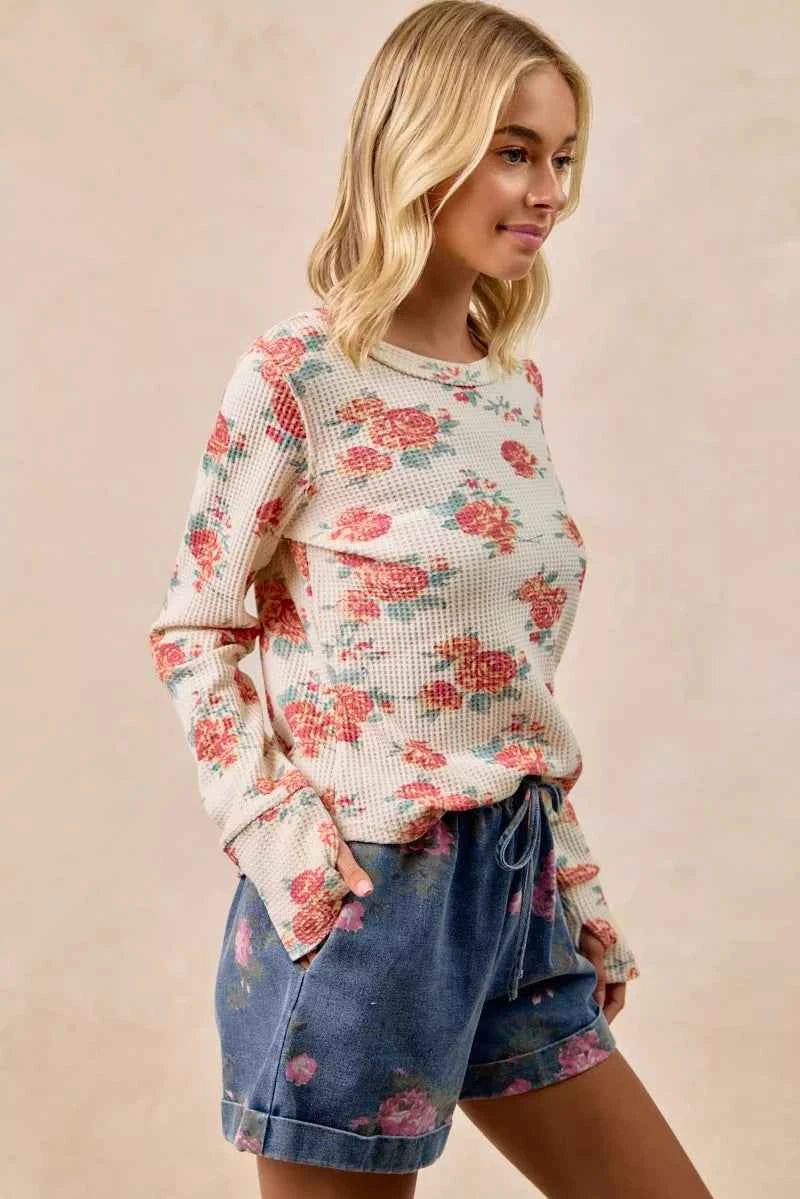 BiBi Floral Print Washed Waffle Thermal Top With Thumb BiBi Floral Print Washed Waffle Thermal Top With Thumb