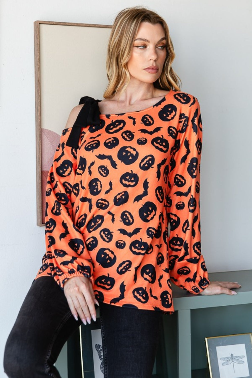 Heimish Pumpkin Print One Shoulder T-Shirt Heimish Pumpkin Print One Shoulder T-Shirt - TopFashionHQ