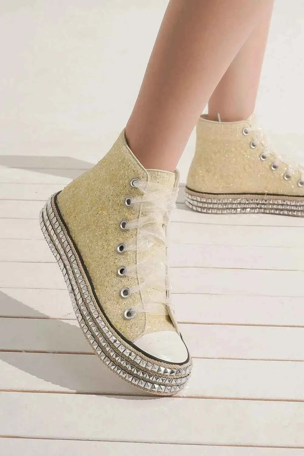 Beast Fashion Glitter Lace-Up Studded Platform Sneakers Beast Fashion Glitter Lace-Up Studded Platform Sneakers