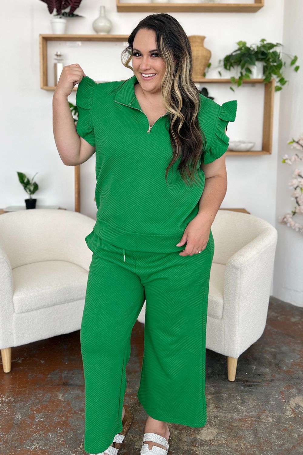 Double Take Texture Ruffle Short Sleeve Top and Drawstring Wide Leg Pants Set Double Take Texture Ruffle Short Sleeve Top and Drawstring Wide Leg Pants Set
