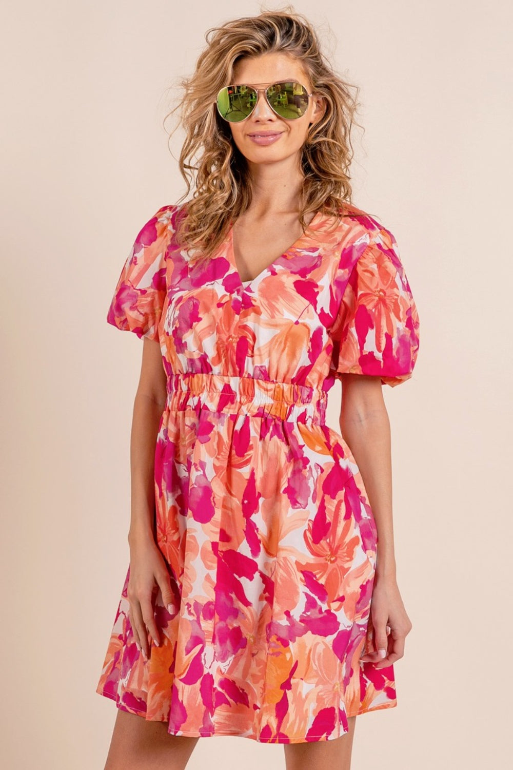 BiBi Floral V-Neck Puff Sleeve Mini Dress BiBi Floral V-Neck Puff Sleeve Mini Dress - TopFashionHQ