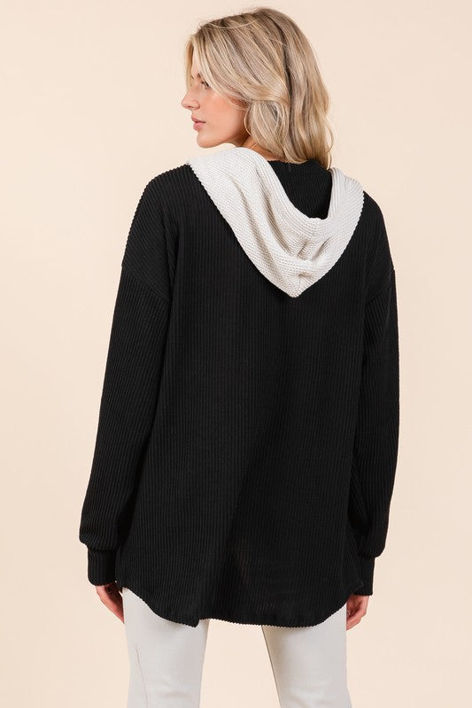 BOMBOM Textured Button Down Drawstring Hooded Shacket BOMBOM Textured Button Down Drawstring Hooded Shacket - TopFashionHQ