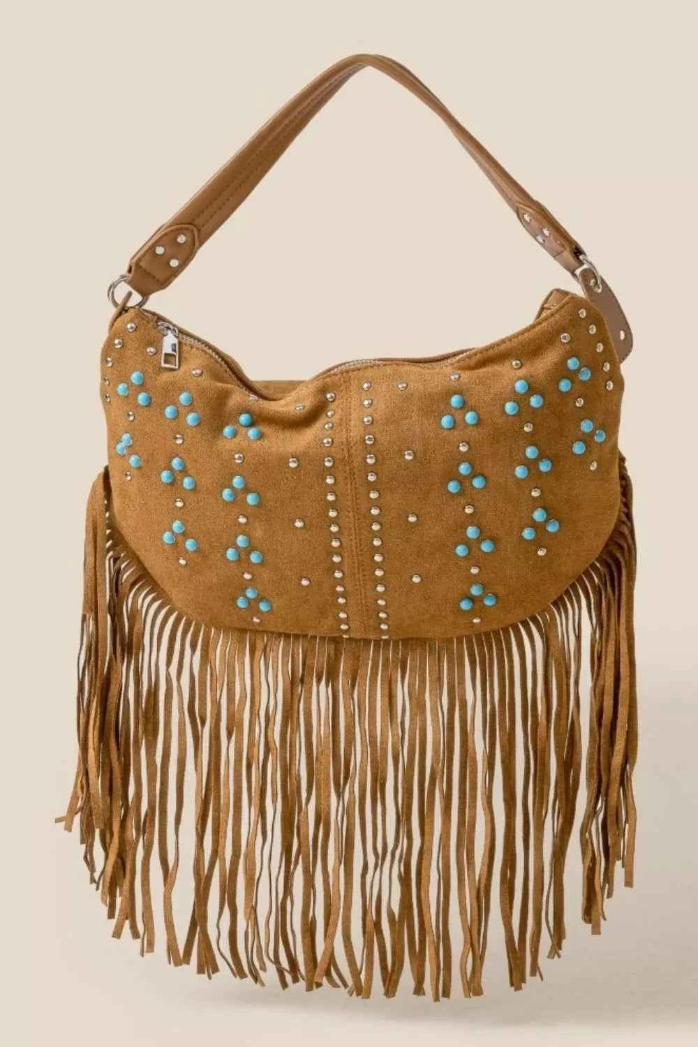 Fame Studded Pattern Multi Fringe Hobo Shoulder Bag Fame Studded Pattern Multi Fringe Hobo Shoulder Bag