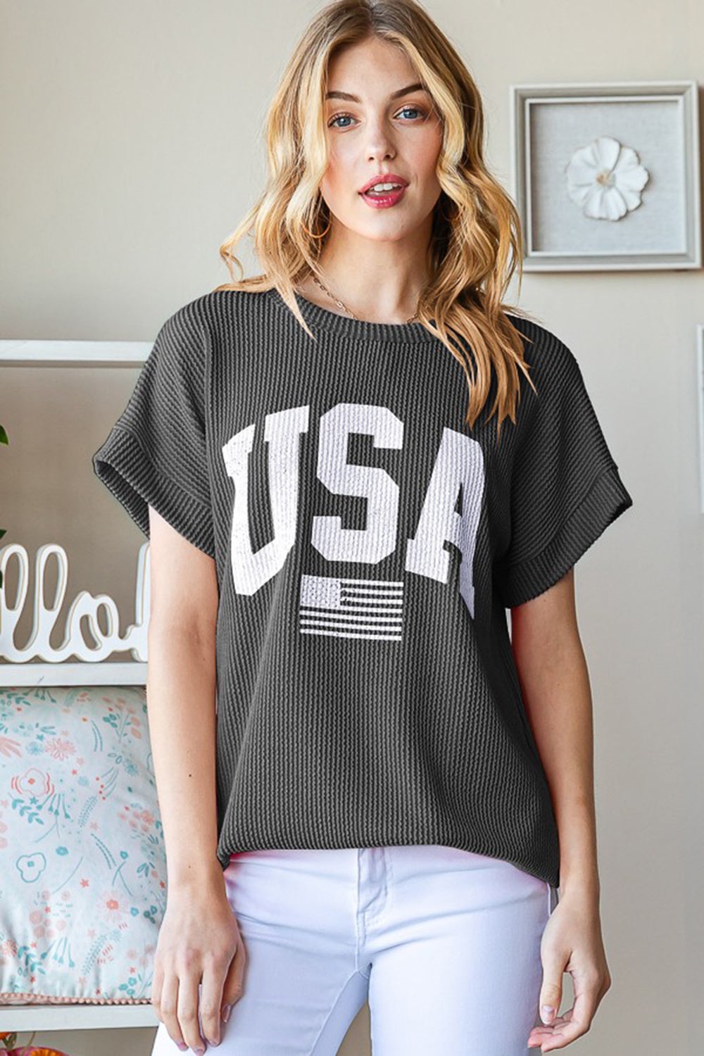 Heimish Full Size USA Graphic Short Sleeve Ribbed Top Heimish Full Size USA Graphic Short Sleeve Ribbed Top - TopFashionHQ