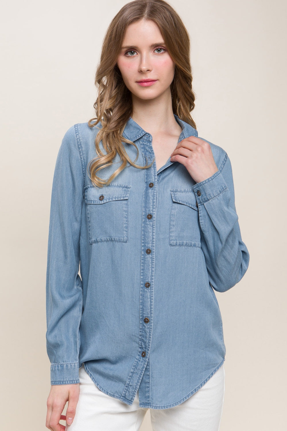 Love Tree Scooped Hem Button Up Denim Shirt Love Tree Scooped Hem Button Up Denim Shirt - TopFashionHQ