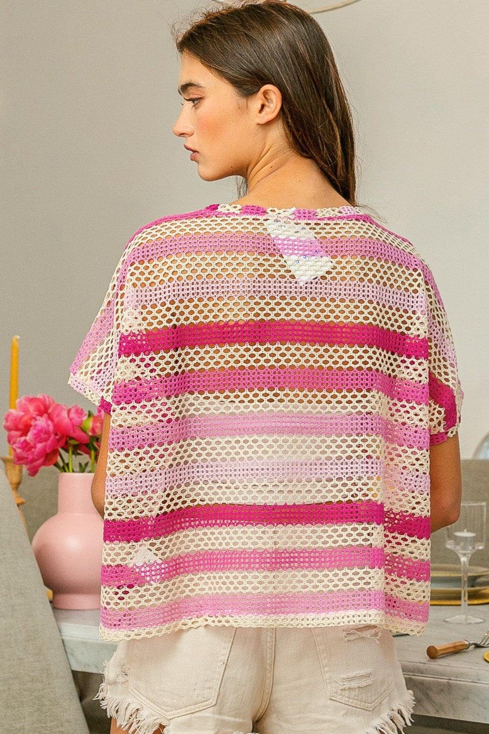 BiBi Striped Openwork Short Sleeve Knit Cover Up BiBi Striped Openwork Short Sleeve Knit Cover Up - TopFashionHQ