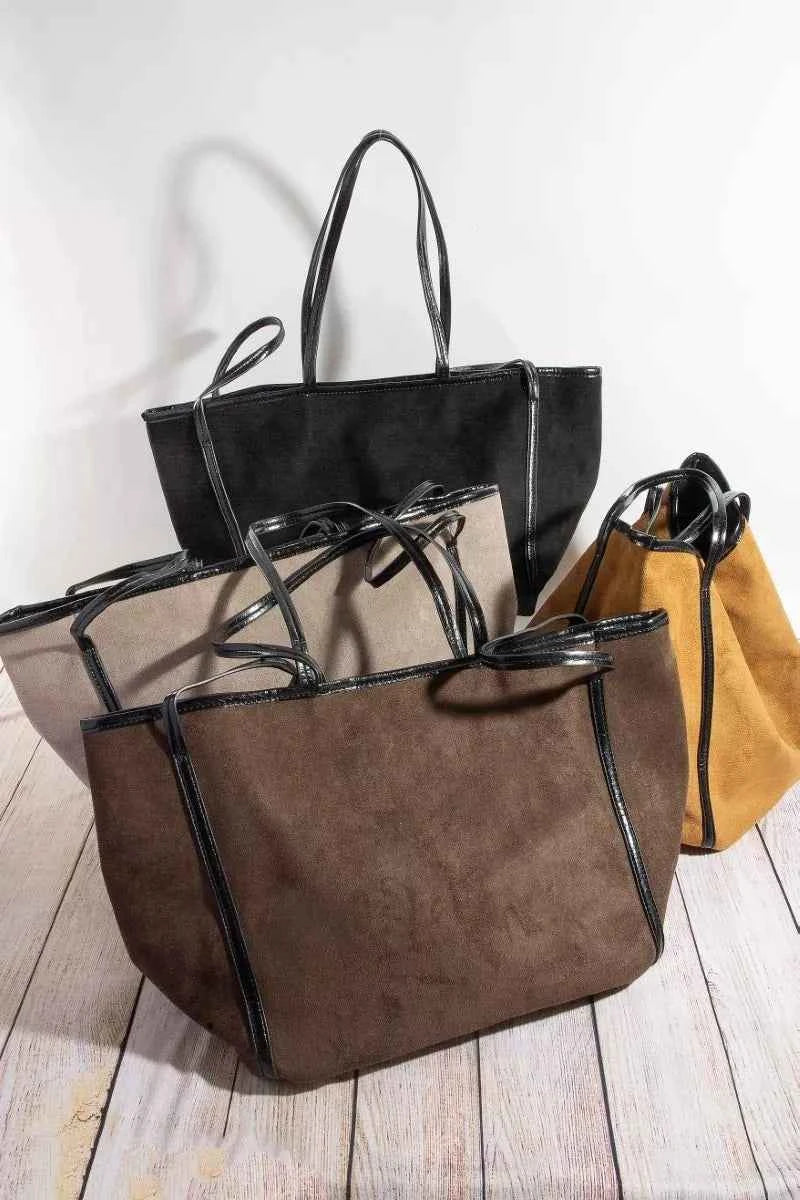 Fame Suede Tote Faux Leather Trim Shoulder Strap Fame Suede Tote Faux Leather Trim Shoulder Strap