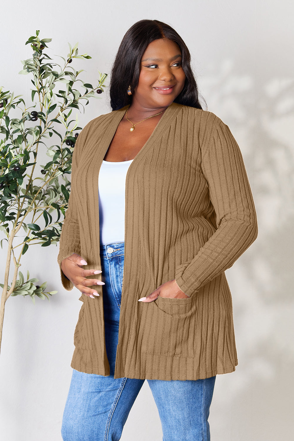 Basic Bae Full Size Ribbed Open Front Cardigan with Pockets Basic Bae Full Size Ribbed Open Front Cardigan with Pockets - TopFashionHQ