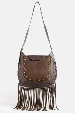 Fame Rivet Trim Suede Fringe Shoulder Bag