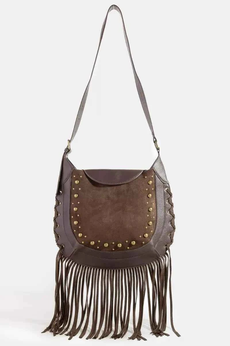 Fame Rivet Trim Suede Fringe Shoulder Bag Fame Rivet Trim Suede Fringe Shoulder Bag