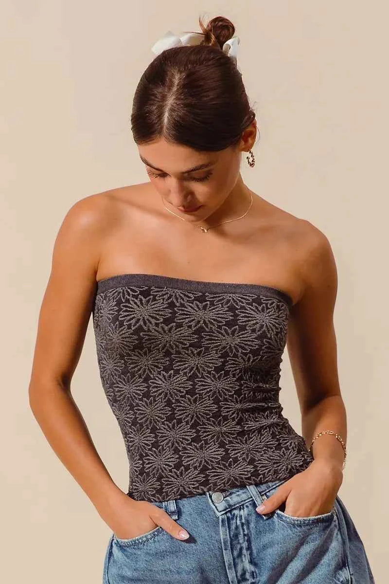 SO ME Jacquard Floral Two Tone Seamless Tube Top SO ME Jacquard Floral Two Tone Seamless Tube Top
