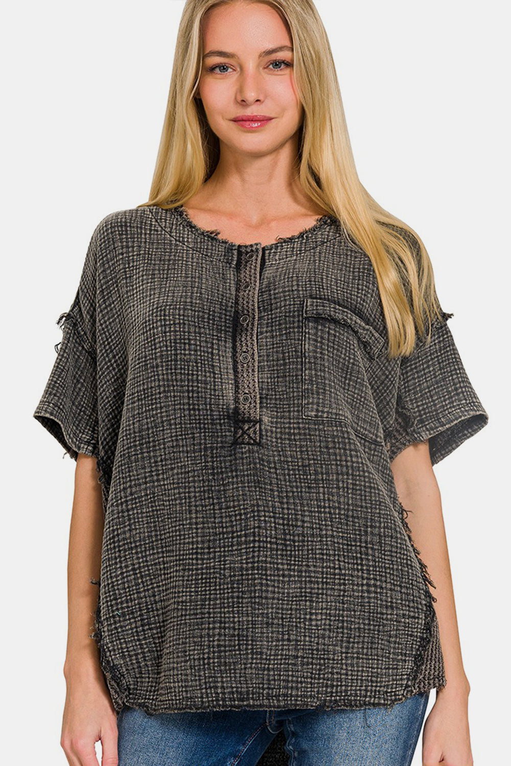 Zenana Washed Texture Half Button T-Shirt Zenana Washed Texture Half Button T-Shirt - TopFashionHQ