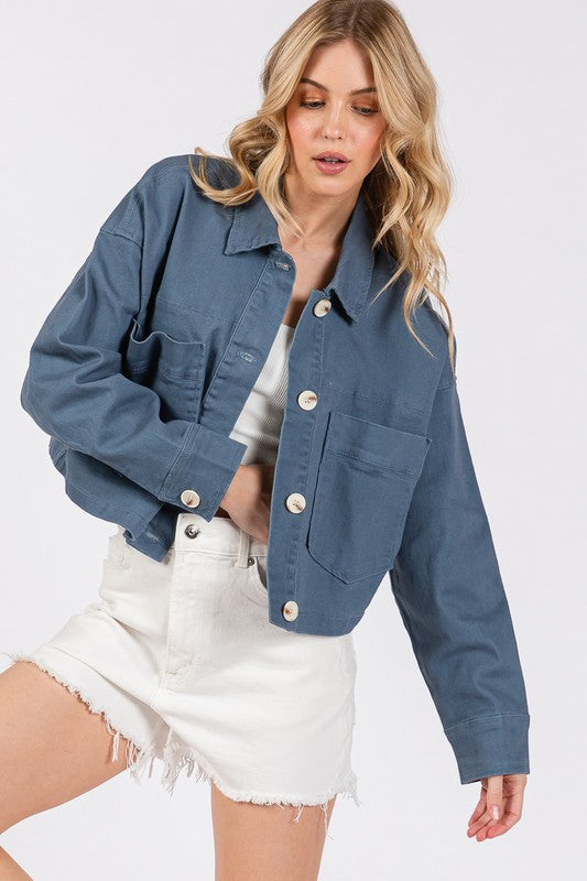 bytos Button Down Cropped Denim Jacket with Patch Pockets bytos Button Down Cropped Denim Jacket with Patch Pockets