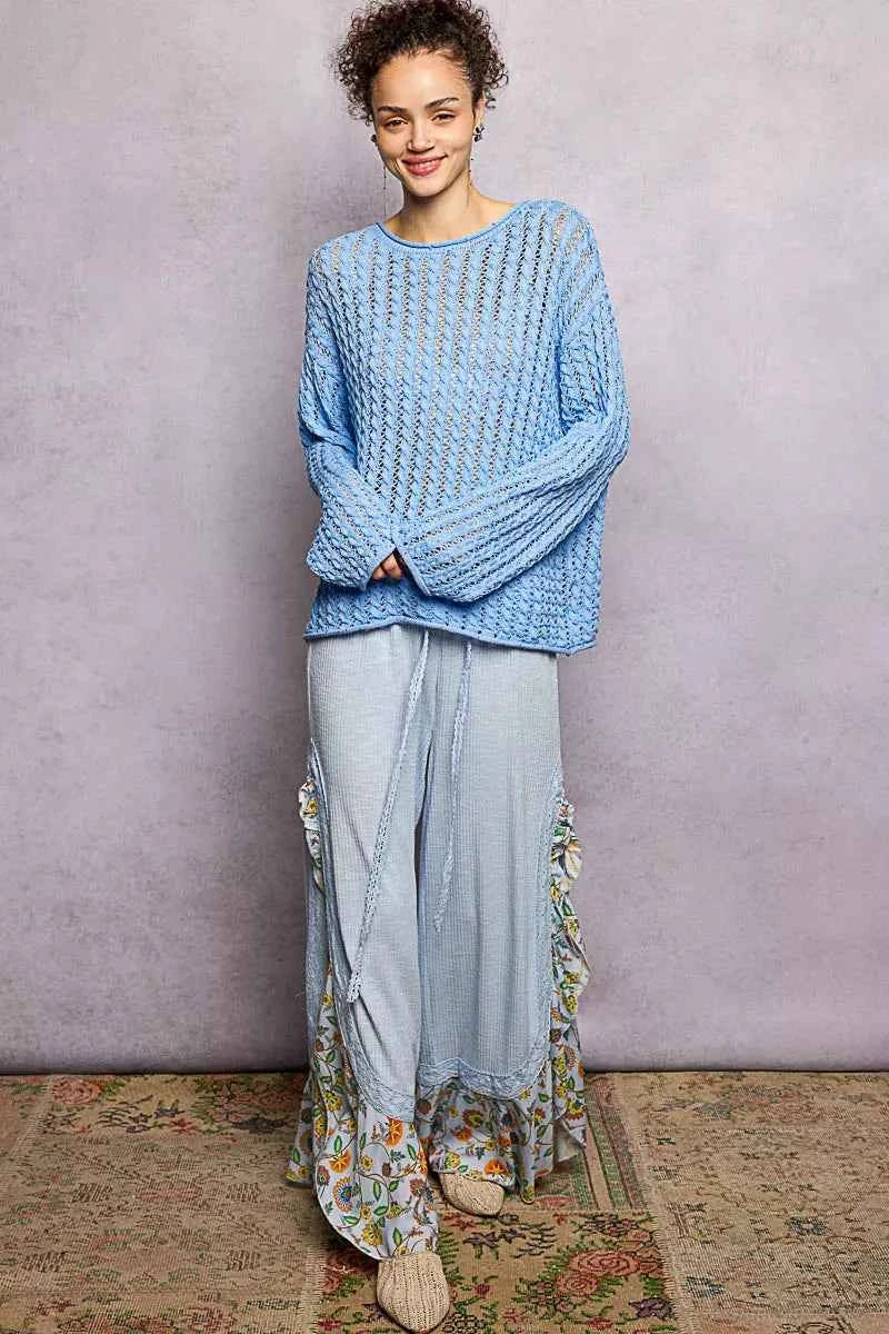 POL Openwork Round Neck Knit Top with Shiny Detail POL Openwork Round Neck Knit Top with Shiny Detail