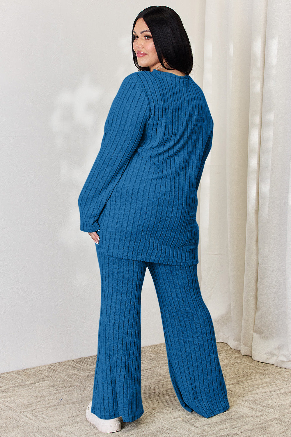 Basic Bae Full Size Ribbed High-Low Top and Wide Leg Pants Set Basic Bae Full Size Ribbed High-Low Top and Wide Leg Pants Set - TopFashionHQ