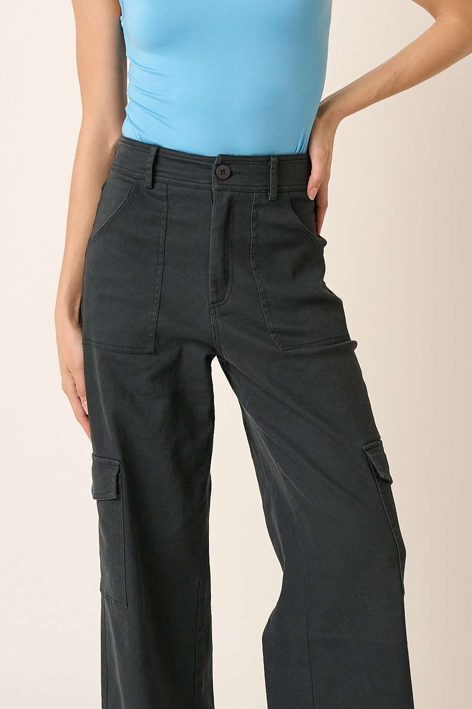 Mittoshop Wide Leg High Waist Pants with Cargo Pockets Mittoshop Wide Leg High Waist Pants with Cargo Pockets