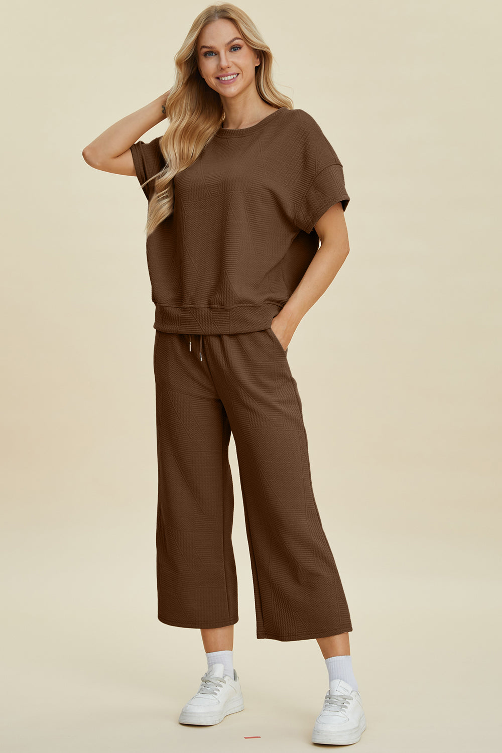 Double Take Full Size Texture Round Neck Top and Pants Set Double Take Full Size Texture Round Neck Top and Pants Set