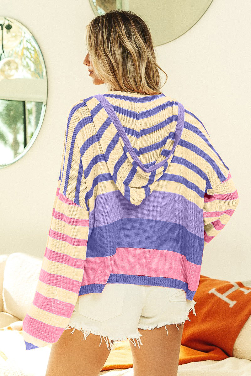 BiBi Striped Color Block Hooded Knit Top BiBi Striped Color Block Hooded Knit Top - TopFashionHQ