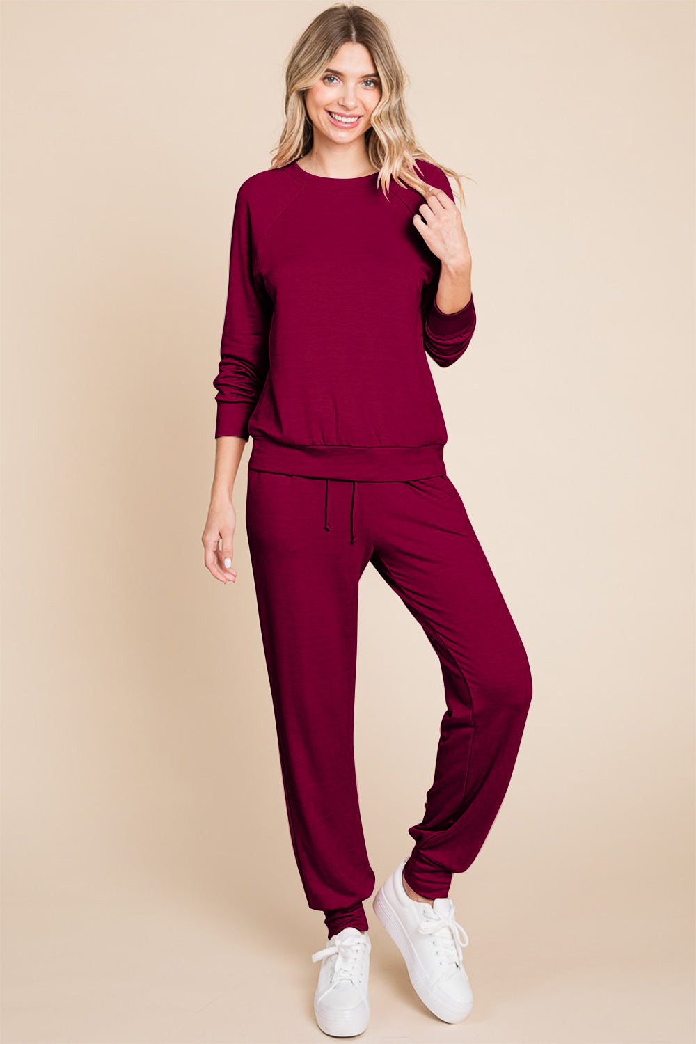 Super Lady Round Neck Raglan Sleeve Top and Pants Lounge Set Super Lady Round Neck Raglan Sleeve Top and Pants Lounge Set