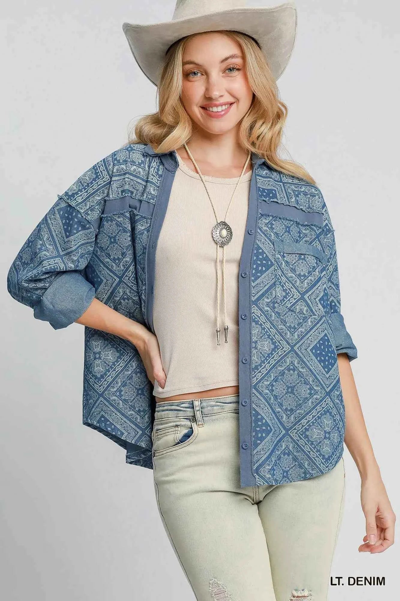 Umgee Paisley Print Denim Shirt Jacket Umgee Paisley Print Denim Shirt Jacket