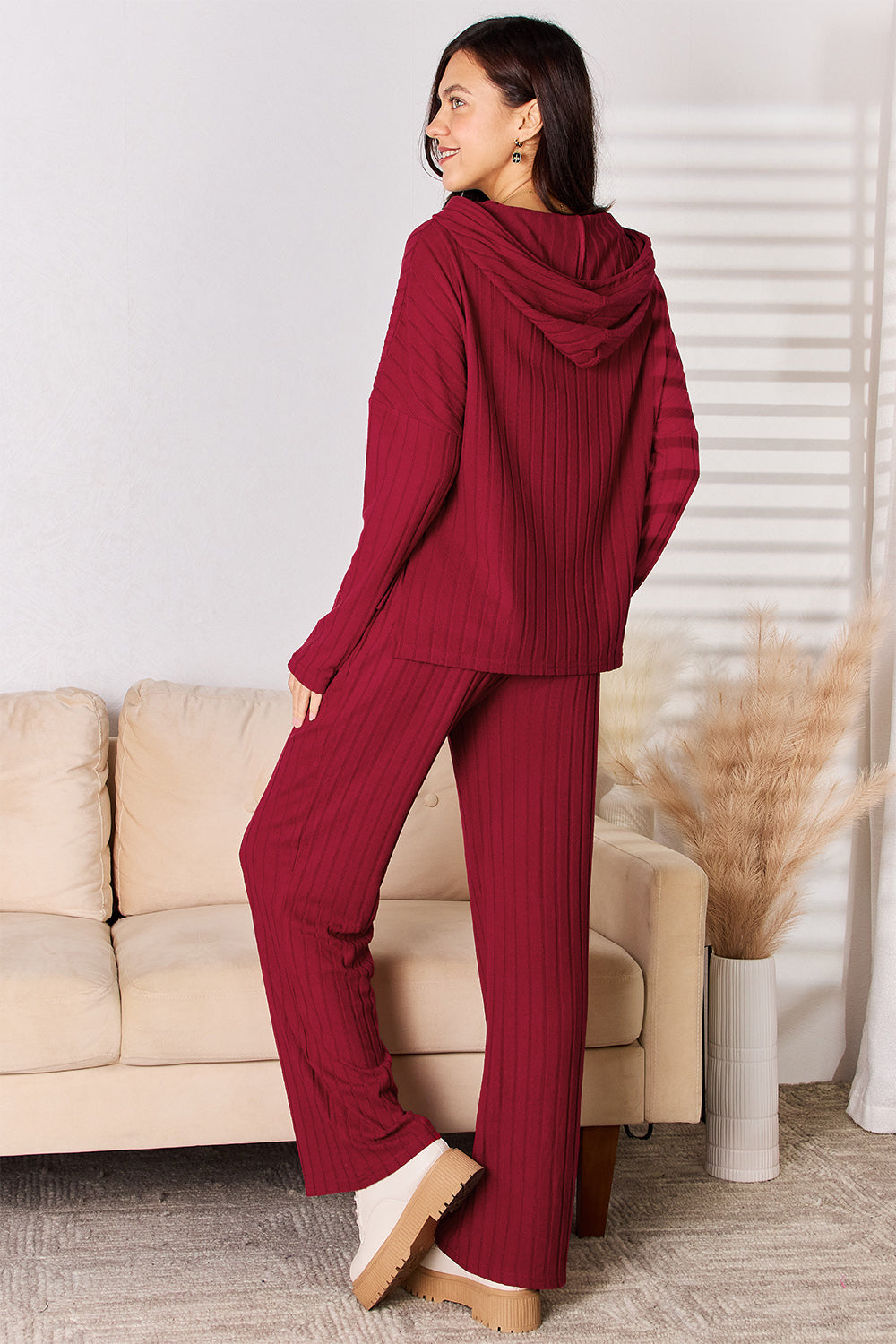 Basic Bae Full Size Ribbed Drawstring Hooded Top and Straight Pants Set Basic Bae Full Size Ribbed Drawstring Hooded Top and Straight Pants Set - TopFashionHQ
