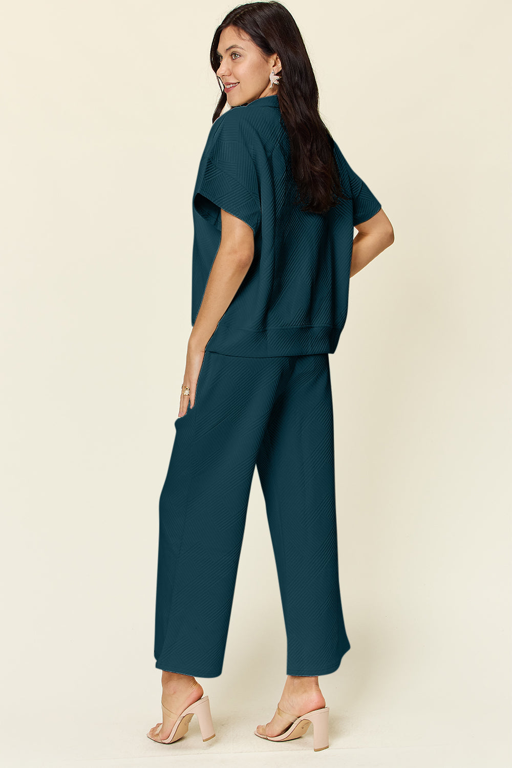 Double Take Full Size Texture Half Zip Short Sleeve Top and Pants Set Double Take Full Size Texture Half Zip Short Sleeve Top and Pants Set