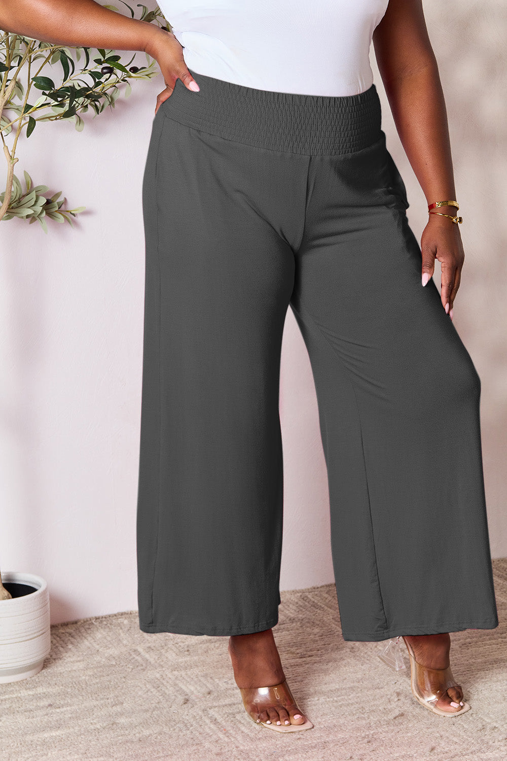 Double Take Full Size Smocked Wide Waistband Wide Leg Pants Double Take Full Size Smocked Wide Waistband Wide Leg Pants - TopFashionHQ