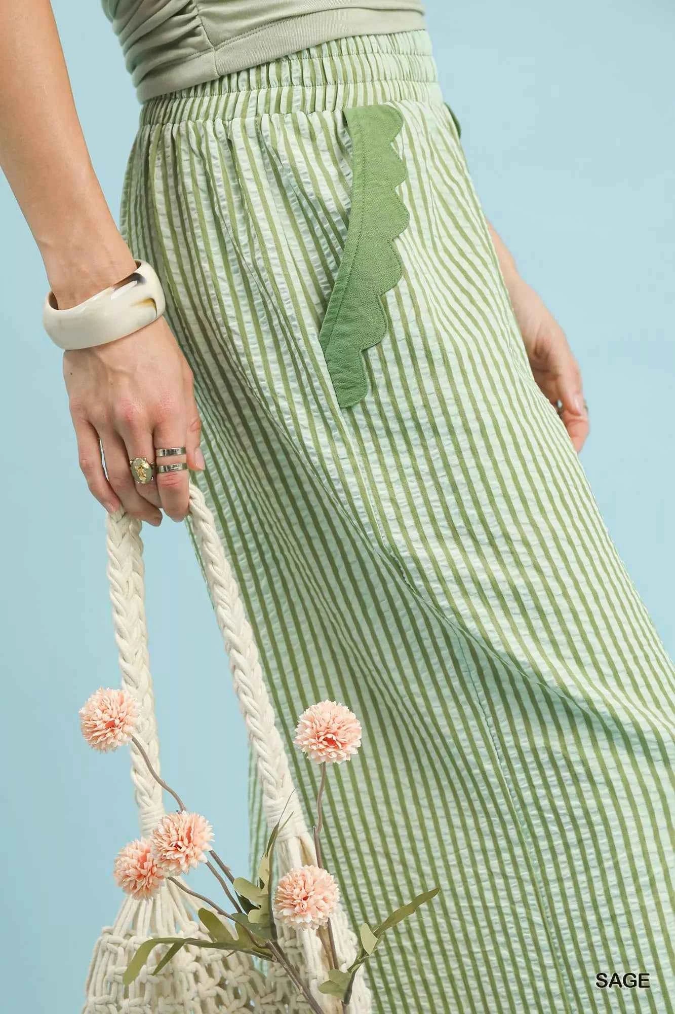 Umgee Stripe Scallop Hem Wide Leg Pants Umgee Stripe Scallop Hem Wide Leg Pants