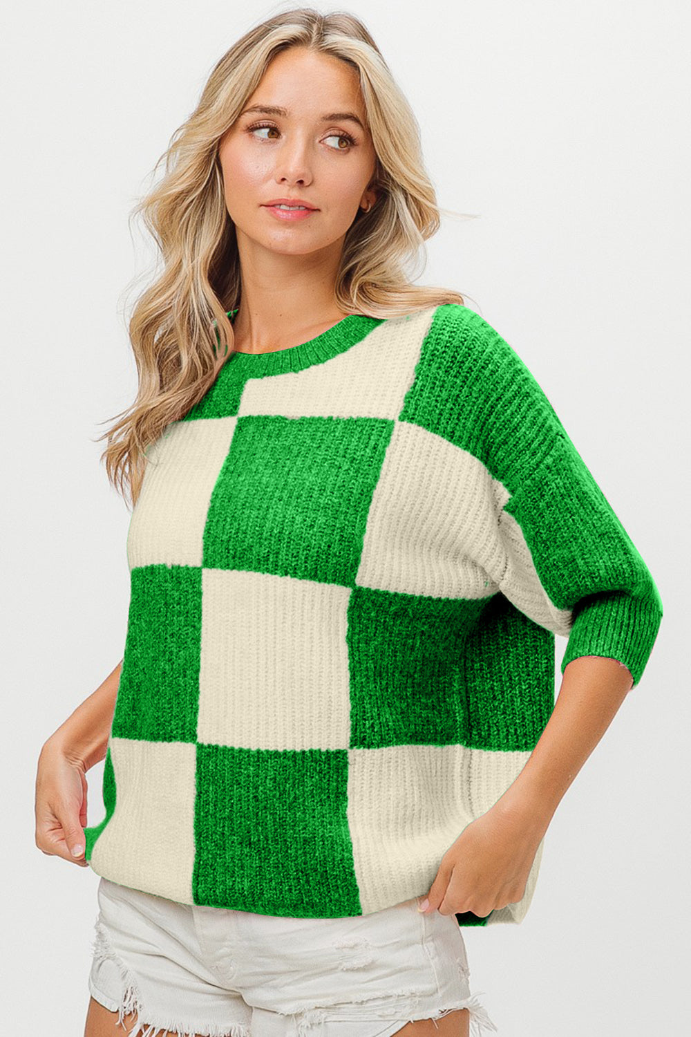 BiBi Checkered Contrast Round Neck Sweater BiBi Checkered Contrast Round Neck Sweater - TopFashionHQ
