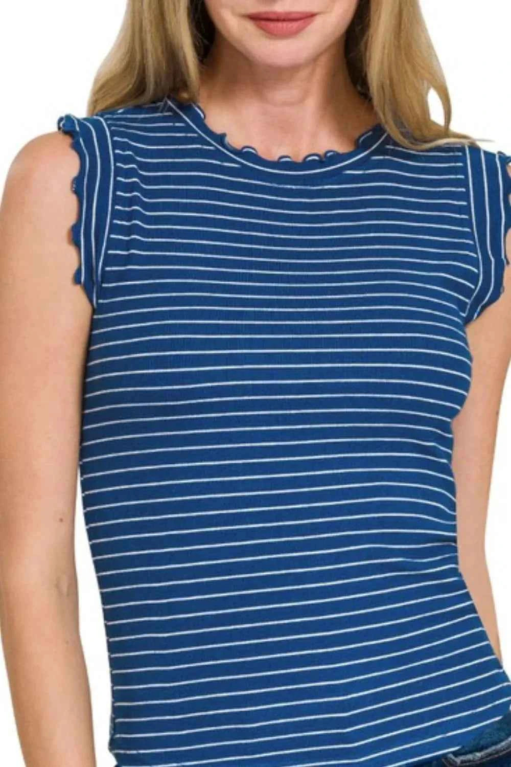 Zenana Ribbed Ruffle Trim Sleeveless Stripe Top Zenana Ribbed Ruffle Trim Sleeveless Stripe Top