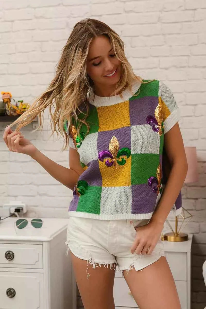 BiBi Sequin Embroidery Mardi Gras Checker Sweater Top BiBi Sequin Embroidery Mardi Gras Checker Sweater Top