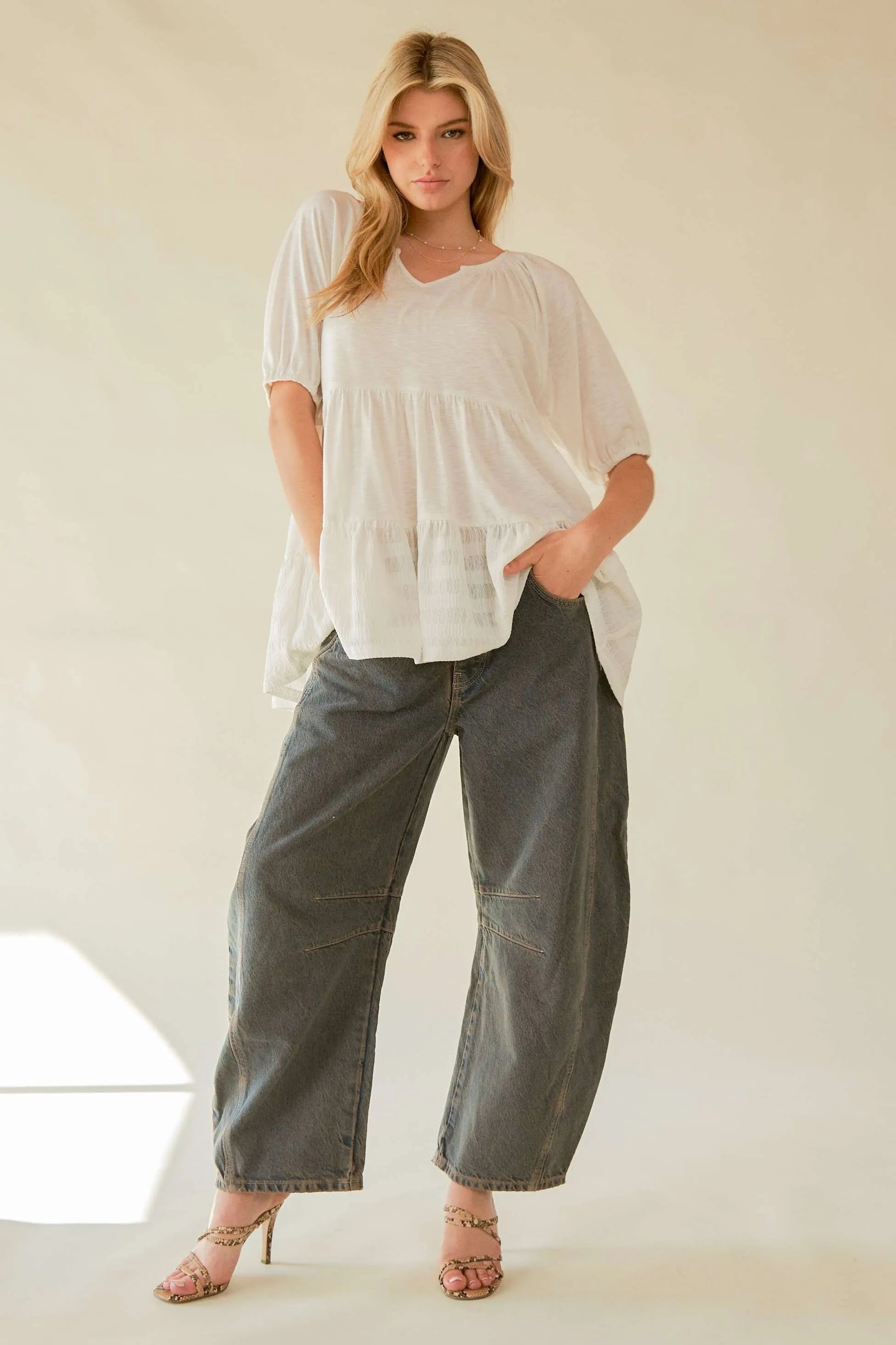 Davi & Dani Ruffled Flared Short Sleeve V Neck Blouse bb9c5d41e7784e3fba60fc3238d401a7-Max-Origin