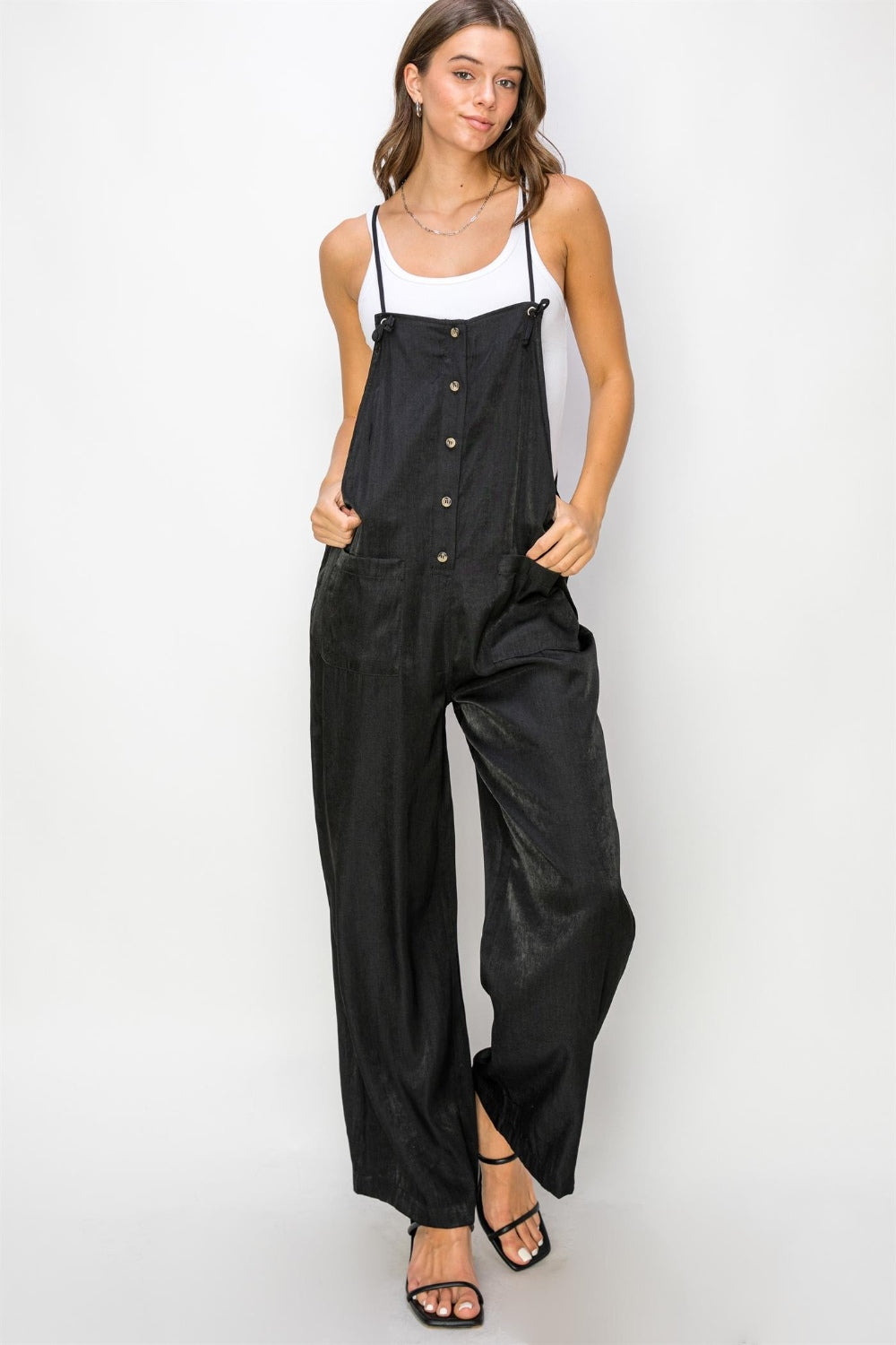 HYFVE Half Button Sleeveless Straight Jumpsuit HYFVE Half Button Sleeveless Straight Jumpsuit - TopFashionHQ