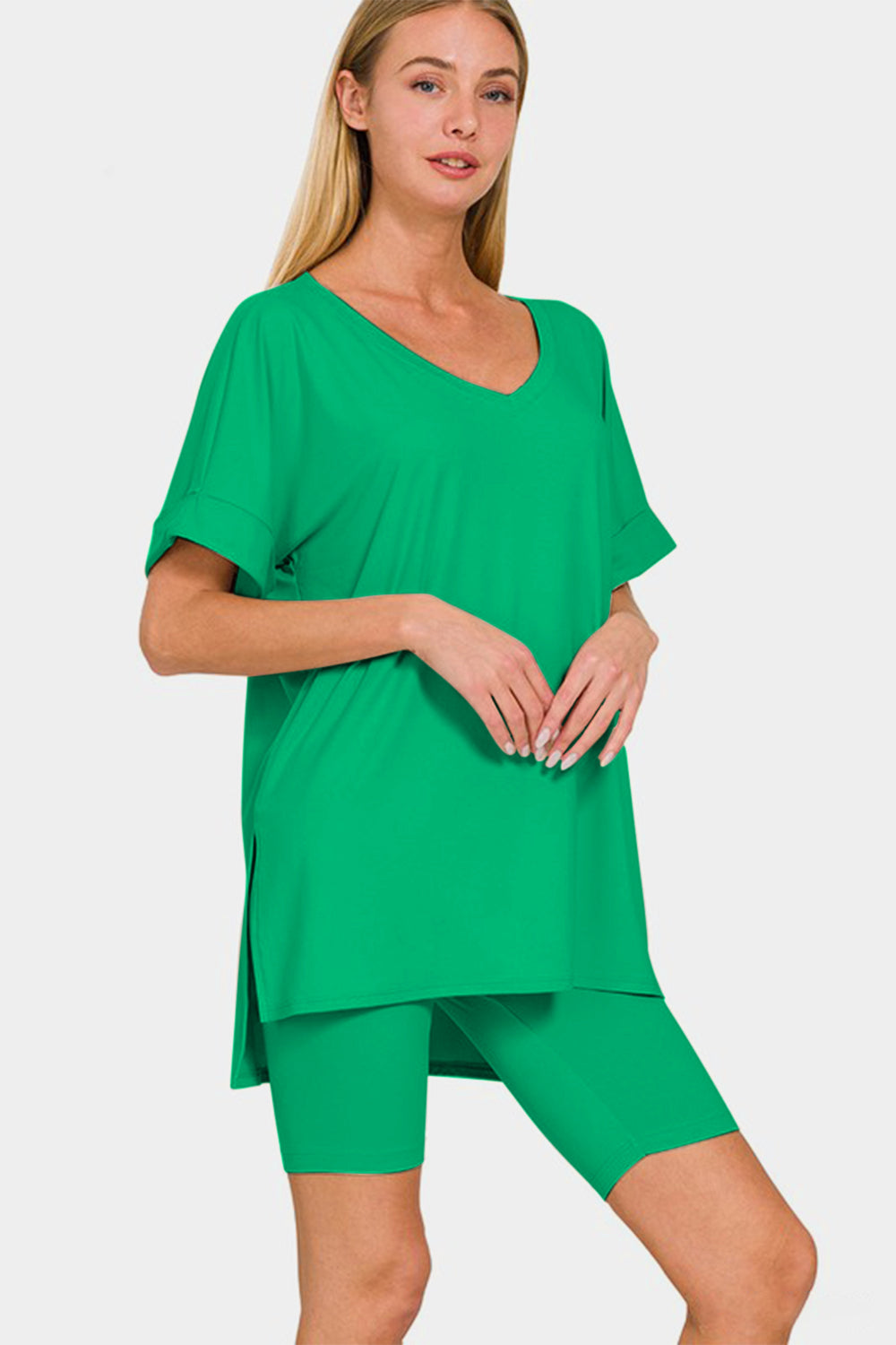 Zenana V-Neck Short Sleeve T-Shirt and Biker Shorts Set Zenana V-Neck Short Sleeve T-Shirt and Biker Shorts Set - TopFashionHQ