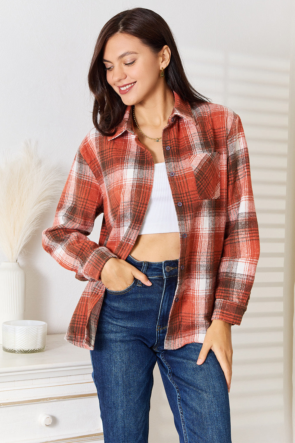 Double Take Plaid Collared Neck Long Sleeve Shirt Double Take Plaid Collared Neck Long Sleeve Shirt - TopFashionHQ