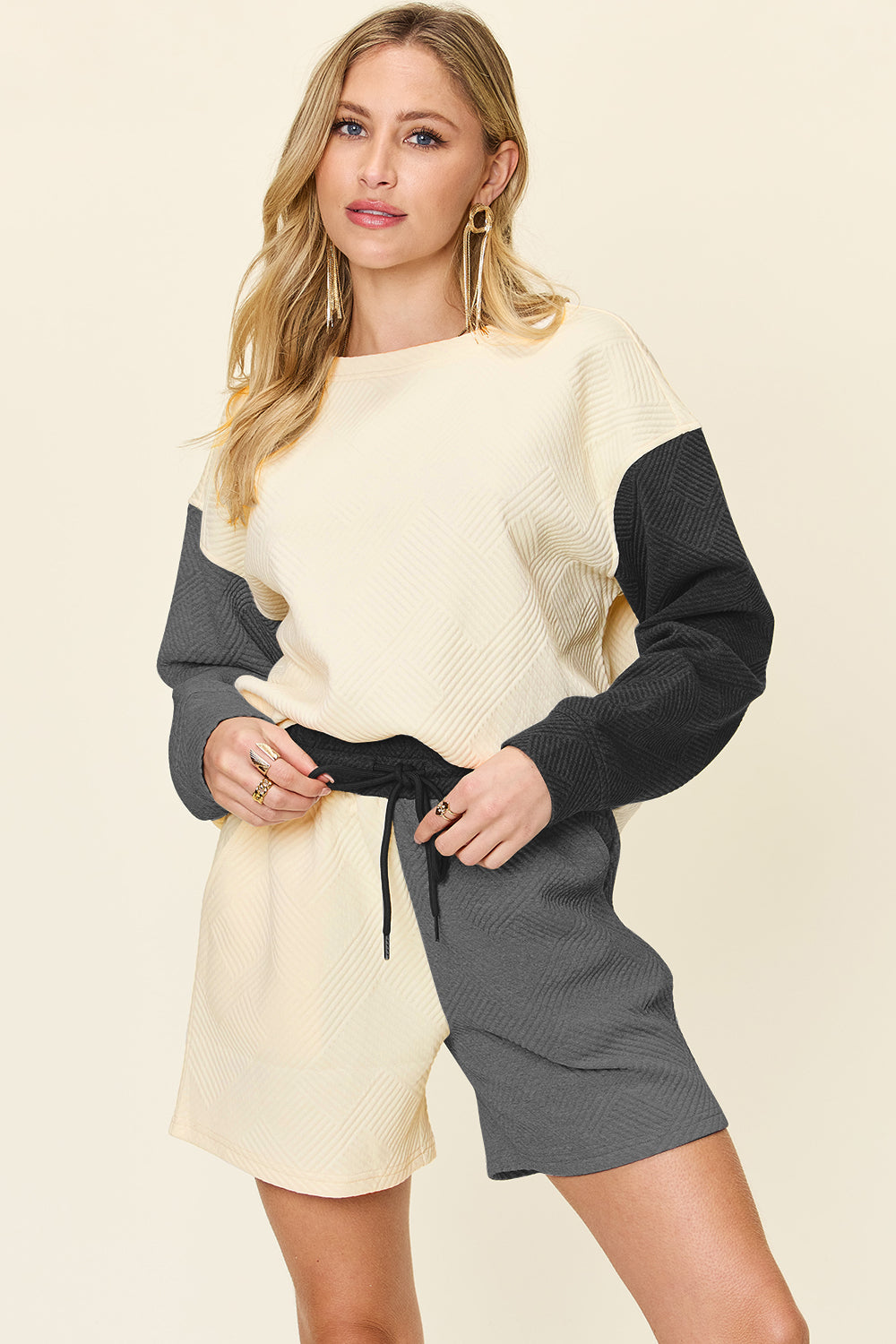 Double Take Full Size Contrast Drop Shoulder Top and Shorts Set Double Take Full Size Contrast Drop Shoulder Top and Shorts Set