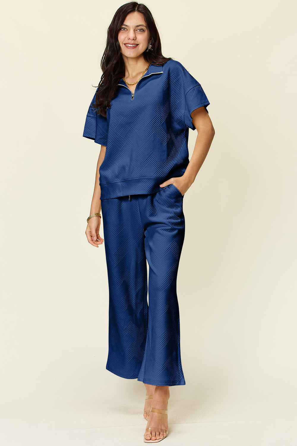 Double Take Full Size Texture Half Zip Short Sleeve Top and Pants Set Double Take Full Size Texture Half Zip Short Sleeve Top and Pants Set