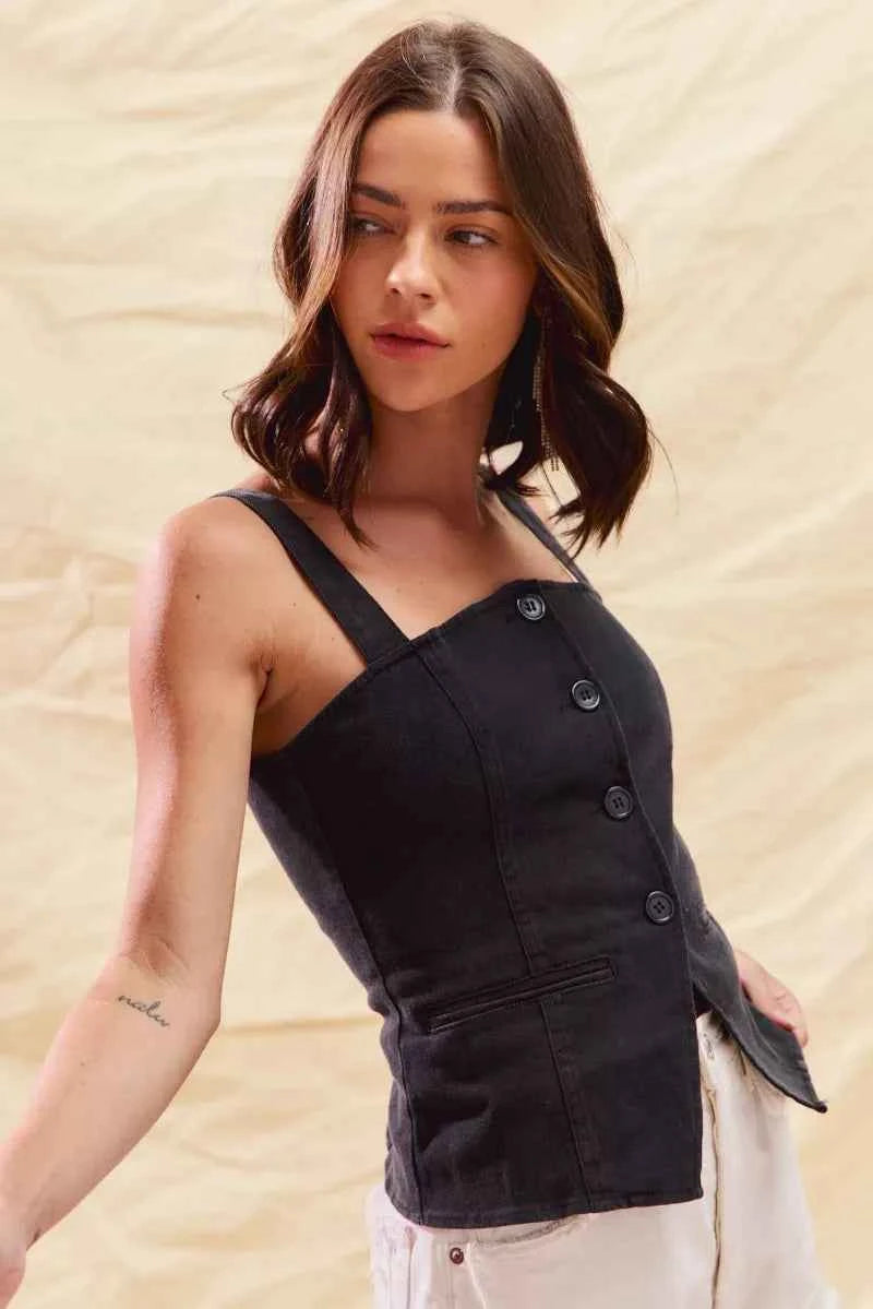 SO ME Button Down Sleeveless Game Day Fitted Denim Top SO ME Button Down Sleeveless Game Day Fitted Denim Top