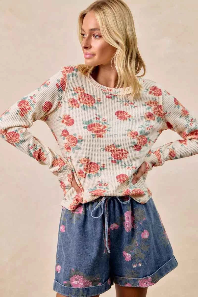 BiBi Floral Print Washed Waffle Thermal Top With Thumb BiBi Floral Print Washed Waffle Thermal Top With Thumb