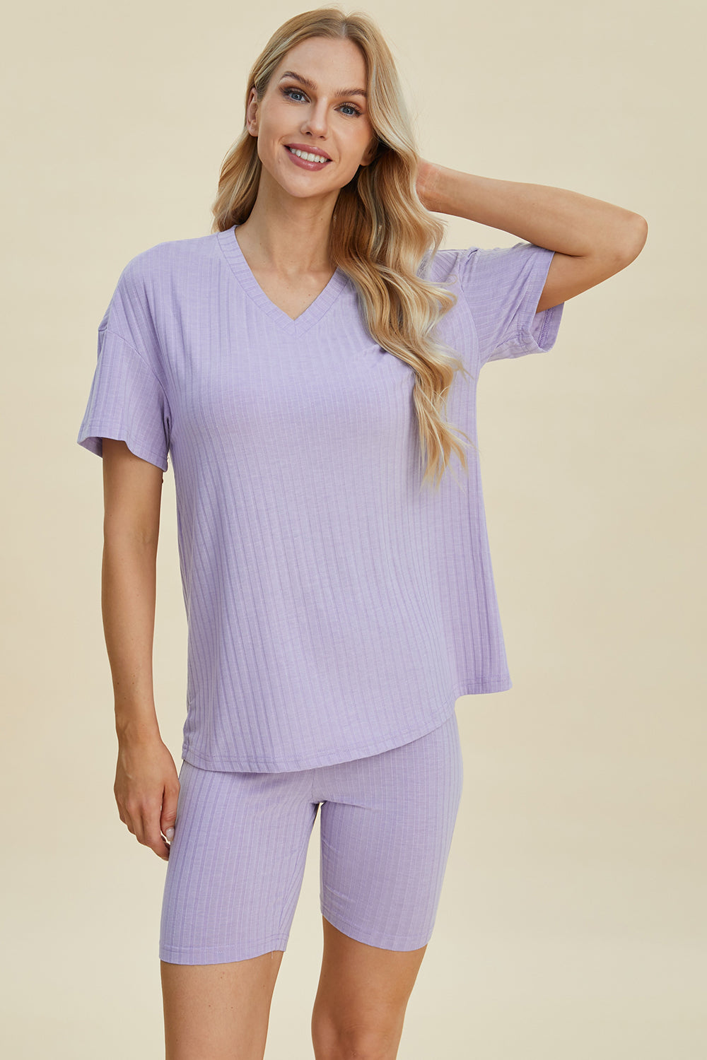 Basic Bae Full Size Ribbed V-Neck Short Sleeve Top and Shorts Set Basic Bae Full Size Ribbed V-Neck Short Sleeve Top and Shorts Set