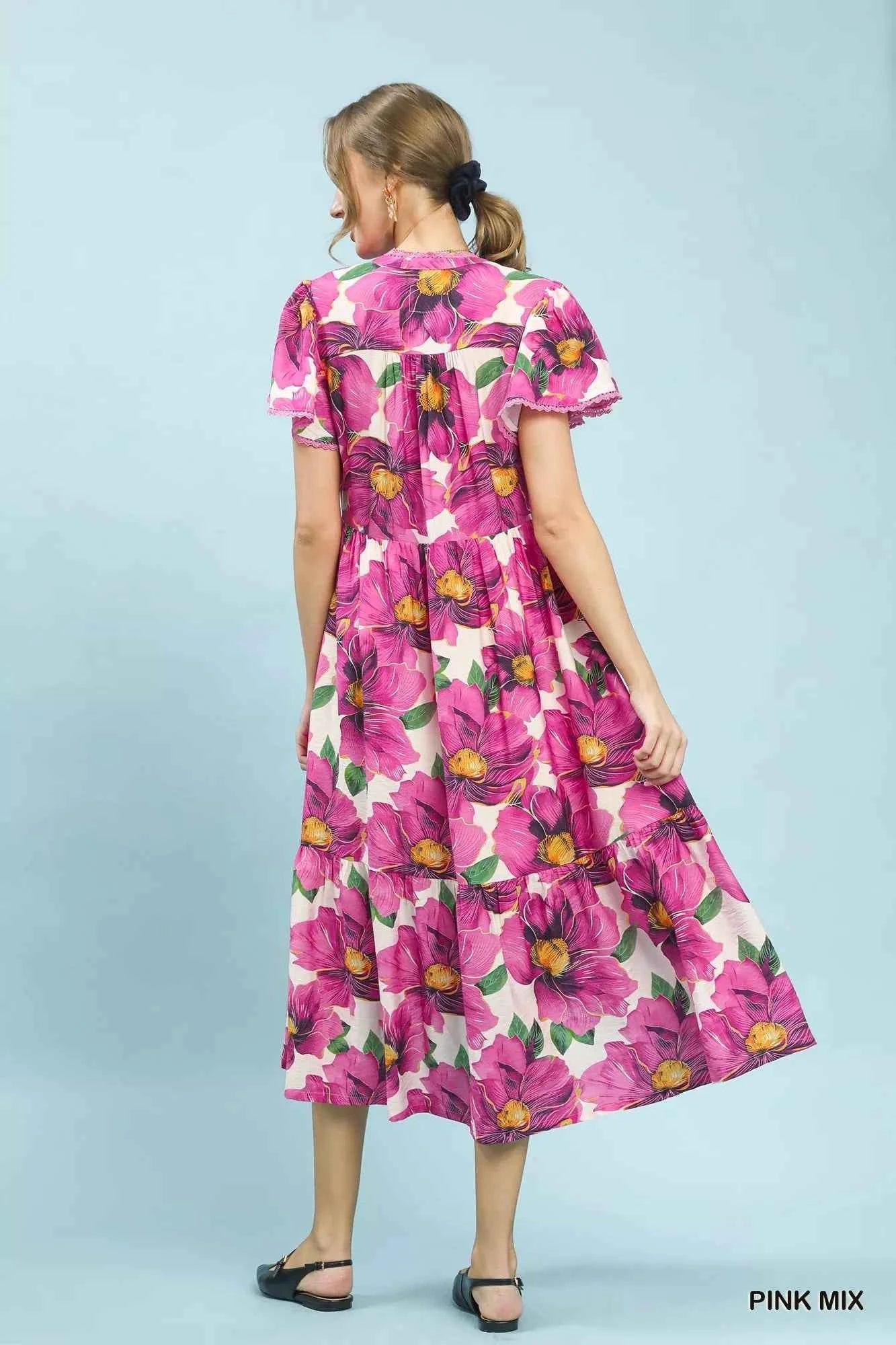 Umgee Tropical Floral V-Neck Flutter Sleeve Tiered Midi Dress Umgee Tropical Floral V-Neck Flutter Sleeve Tiered Midi Dress