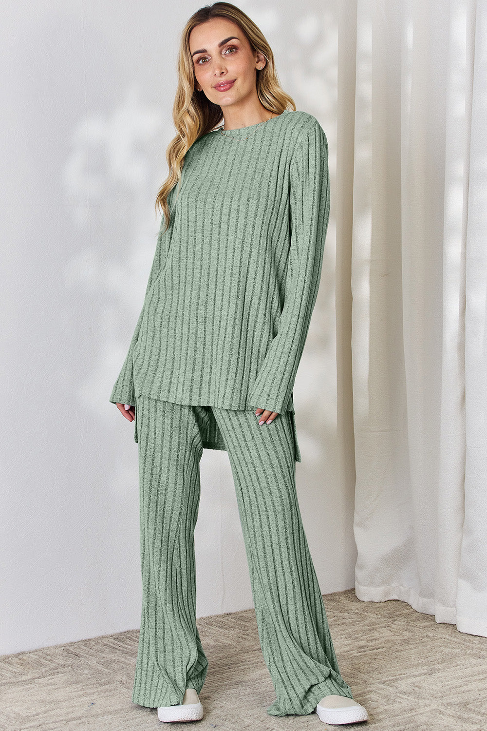 Basic Bae Full Size Ribbed High-Low Top and Wide Leg Pants Set Basic Bae Full Size Ribbed High-Low Top and Wide Leg Pants Set - TopFashionHQ