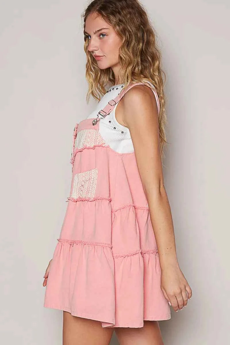 POL Lace Patchwork Detail Denim Overall Dress POL Lace Patchwork Detail Denim Overall Dress