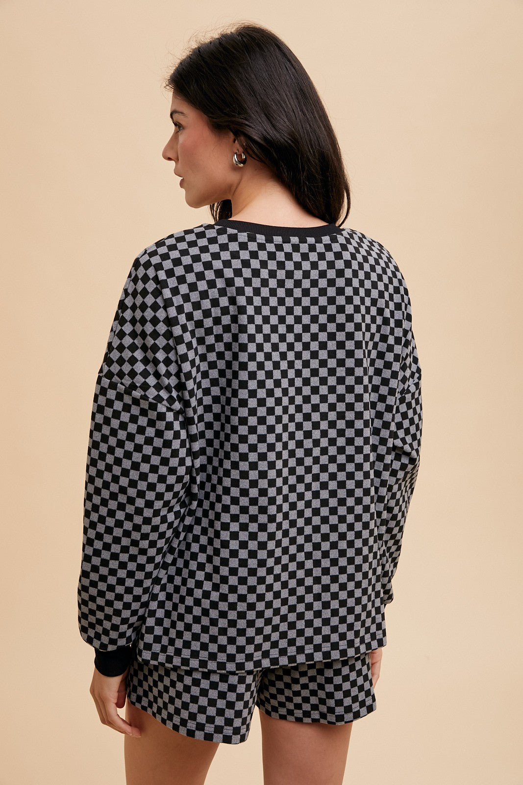Annie Wear Checkered Round Neck Top and Drawstring Shorts Set Annie Wear Checkered Round Neck Top and Drawstring Shorts Set
