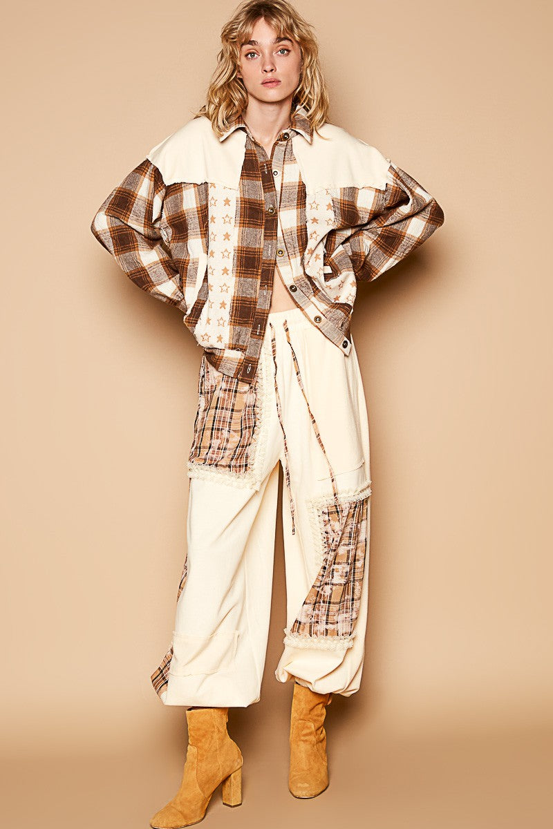 POL Plaid & Star Patchwork Contrast Long Sleeve Shacket POL Plaid & Star Patchwork Contrast Long Sleeve Shacket
